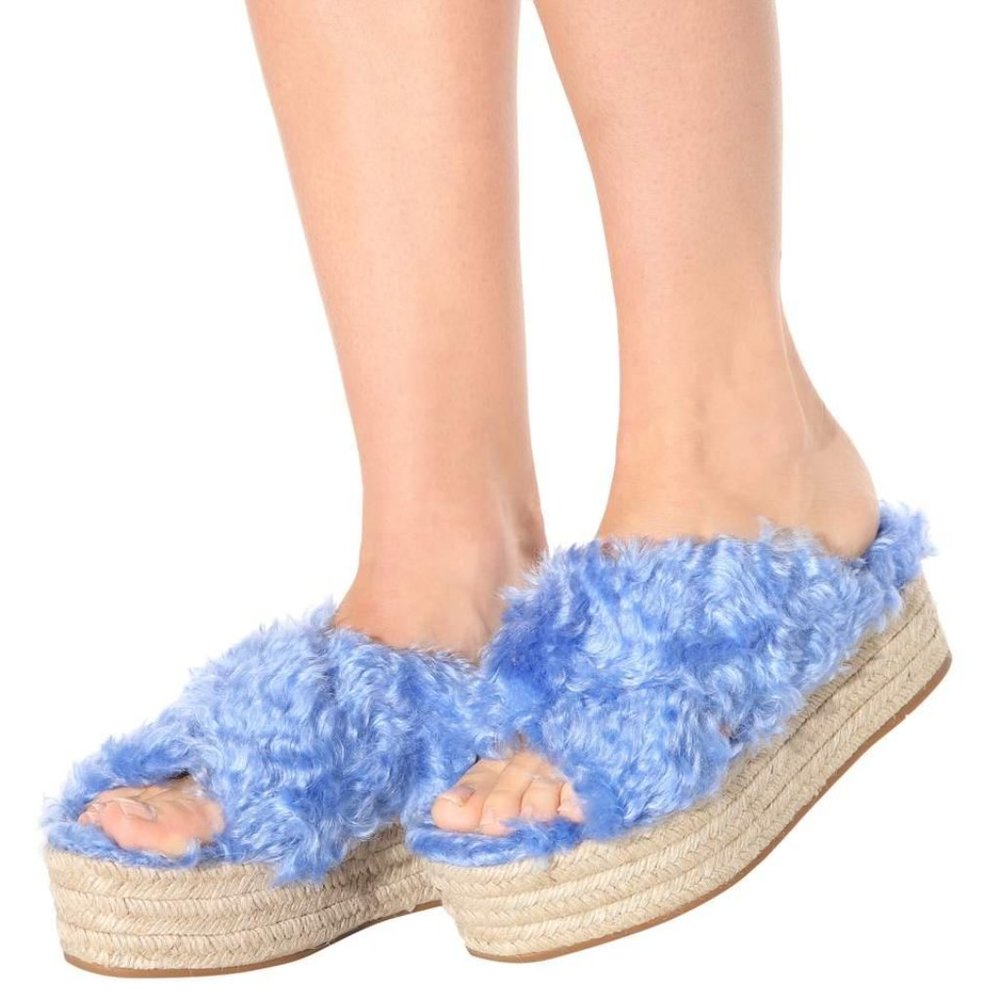 🦋 MIU MIU Wedge Shearling Fur Platform Espadrille Sandals Italian NWOT🦋 - Picture 1 of 10